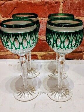 4 WATERFORD  CLARENDON Emerald Green Cut to Clear 8" Crystal Wine Hock Glasses